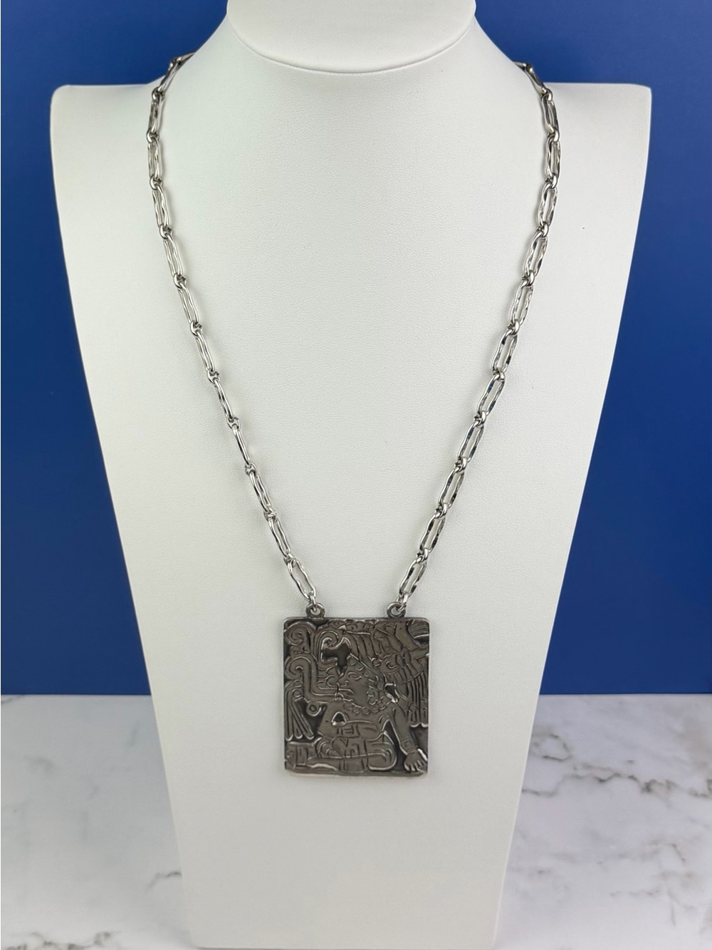 Vintage Napier Eugene Bertolli Mayan Revival Silver-Tone Long Pendant Necklace